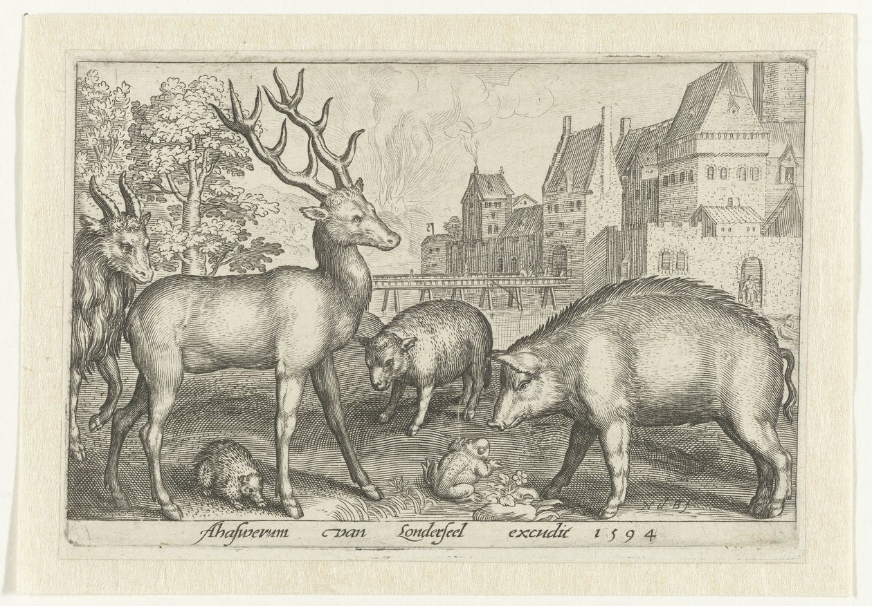 Hert, egel, schaap, kikker en varken - Nicolaes de Bruyn