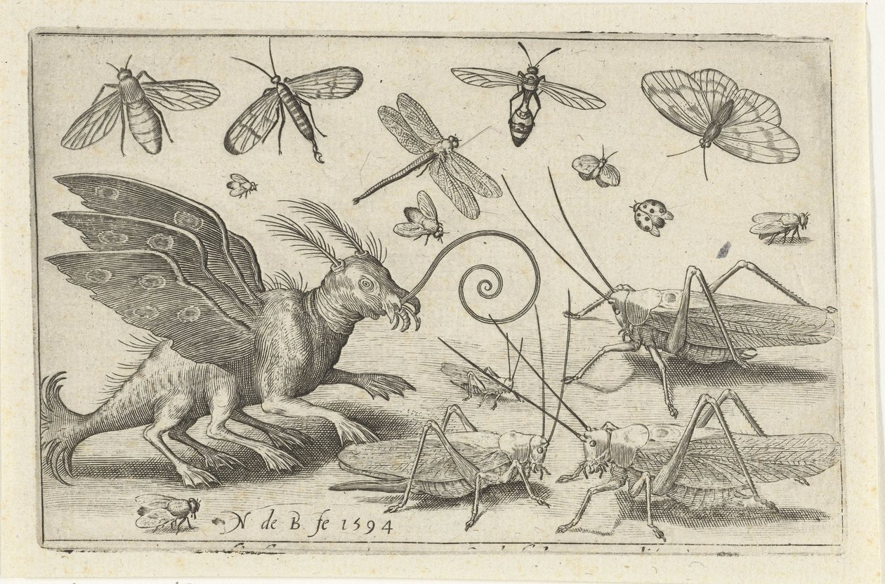 Sauterelles et créature fantastique avec ailes et nageoires (Vogels en insecten) - Nicolaes de Bruyn
