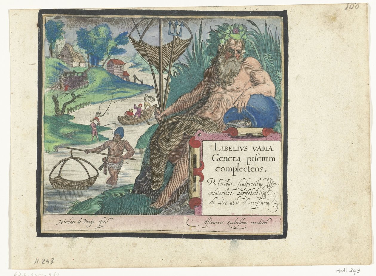 Titre avec dieu de la rivière, trident et filet de pêche dans un paysage avec des pêcheurs (Libelivs varia Genera piscium complectens) - Nicolaes de Bruyn