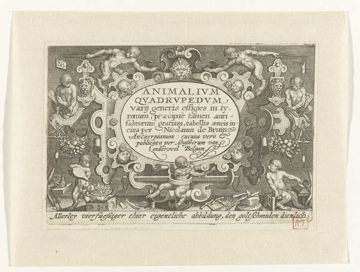 Page de titre avec titre dans une cartouche entourée de singes travaillant comme orfèvres (Animalivm qvadrvpedvm) (Animaux dans des paysages) - Nicolaes de Bruyn