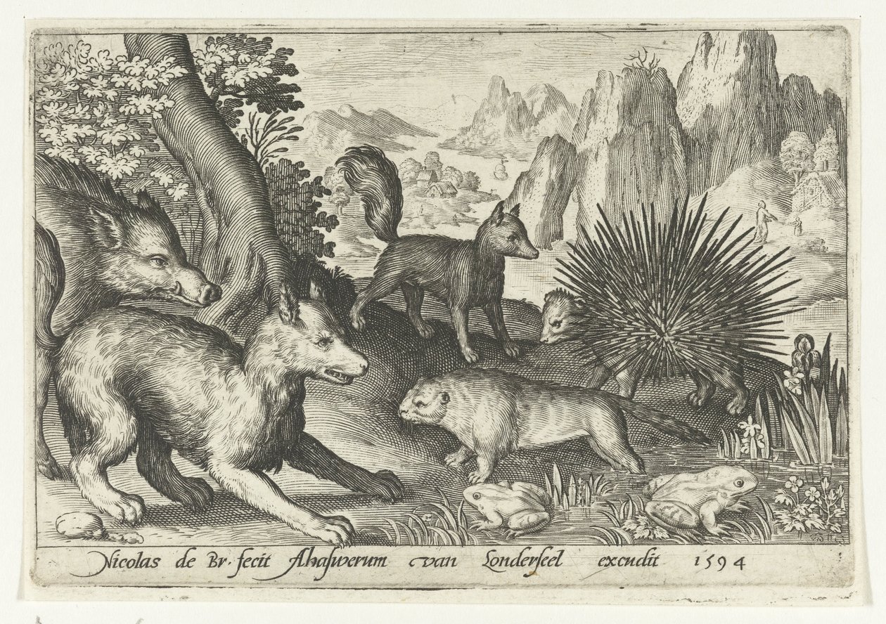 Sanglier, renards, castor, porc-épic et grenouilles - Nicolaes de Bruyn