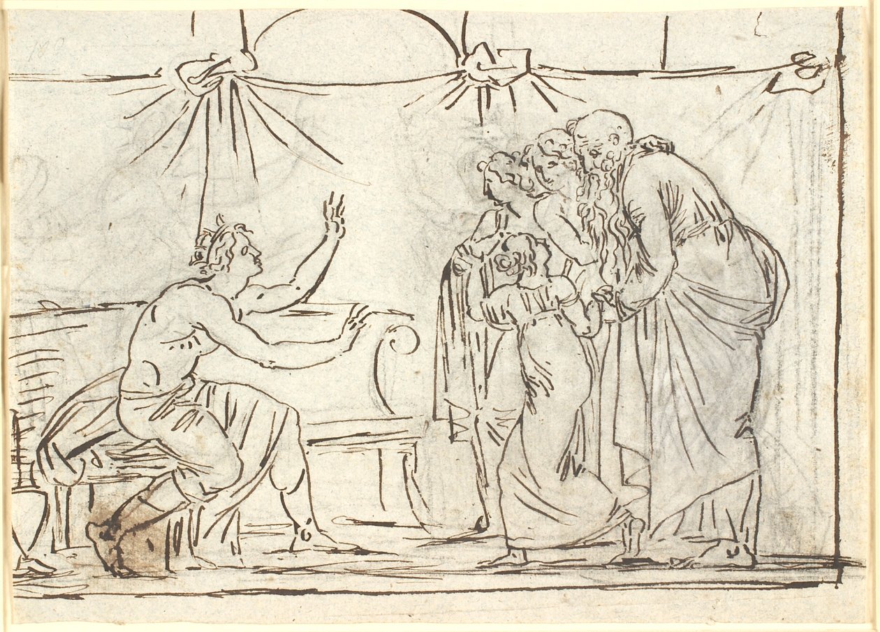 Scène antique. Un héros couronné assis parle à un groupe de quatre figures, dont une petite fille et un vieil homme - Nicolai Abildgaard