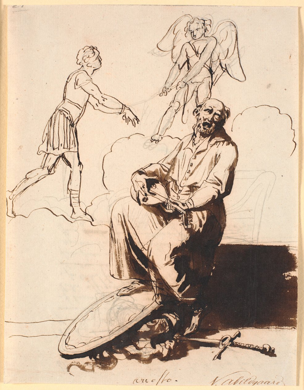 Ariosto, assis avec un luth, à ses pieds des armes, en arrière-plan Amour entraîne un homme - Nicolai Abildgaard