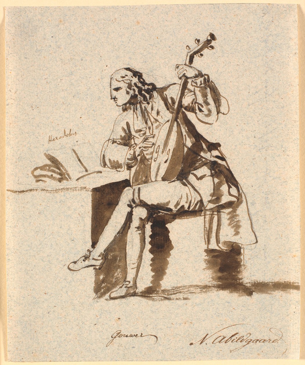 Le poète anglais Gower assis avec un luth à une table où est ouvert Hérodote - Nicolai Abildgaard