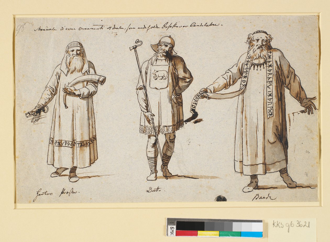 Études de costumes. Probablement pour le théâtre. Trois figures, un prêtre de Herta, un roi et un barde - Nicolai Abildgaard