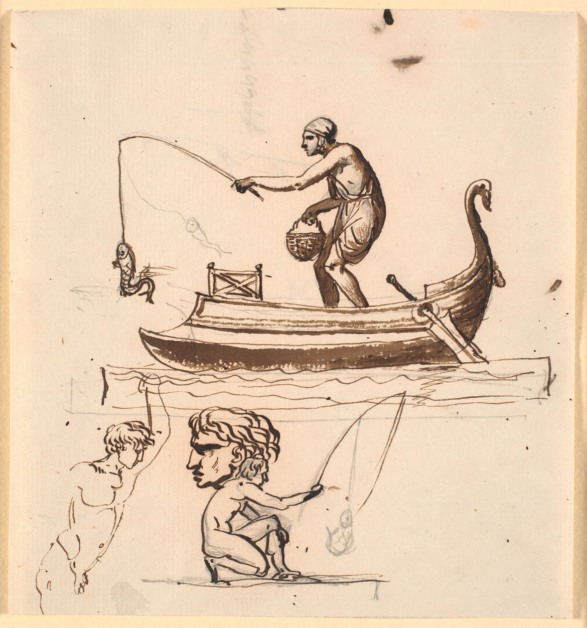 Un homme dans un bateau, levant un poisson avec une ligne. En dessous, une esquisse d