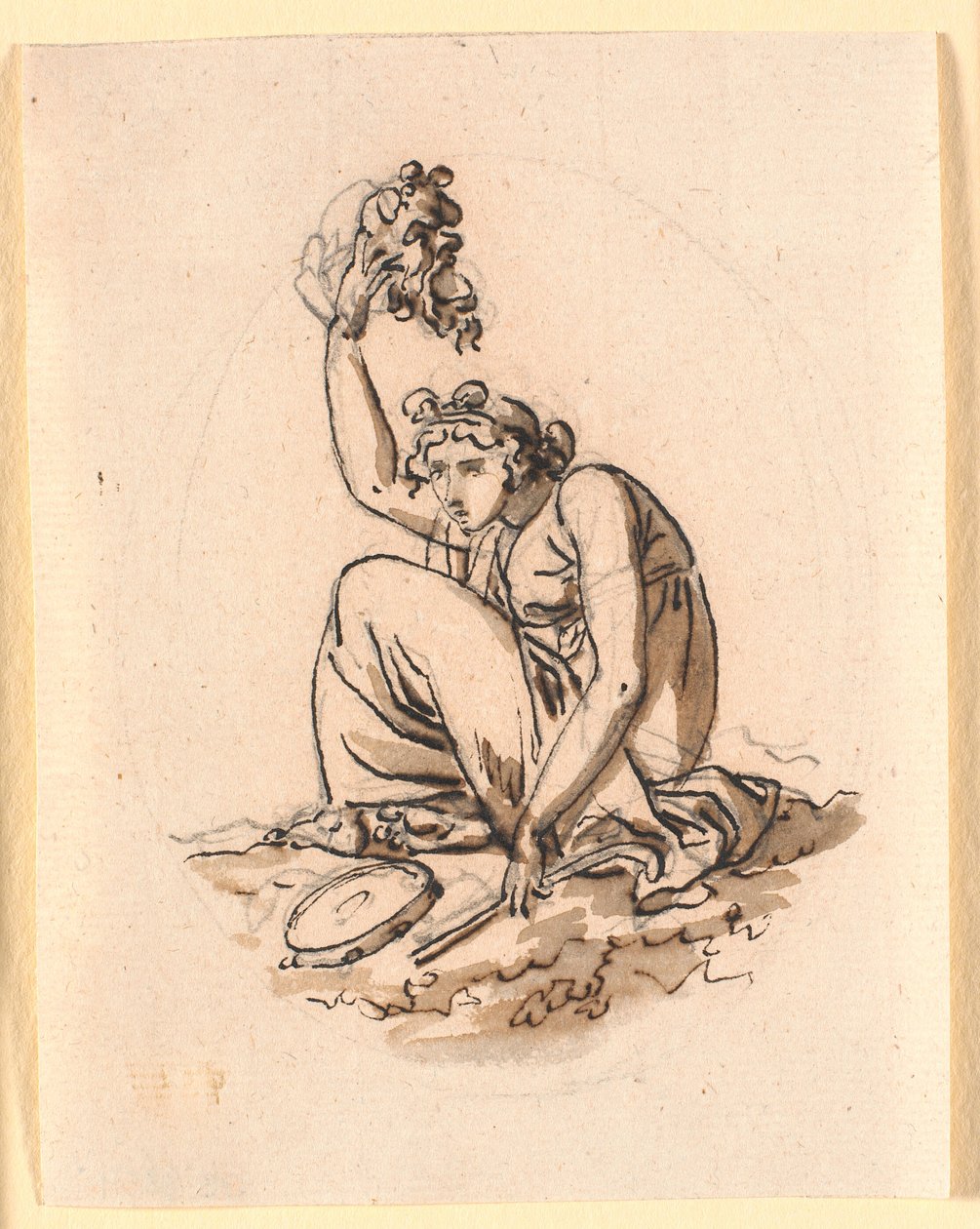 Femme assise levant un masque au-dessus de sa tête - Nicolai Abildgaard