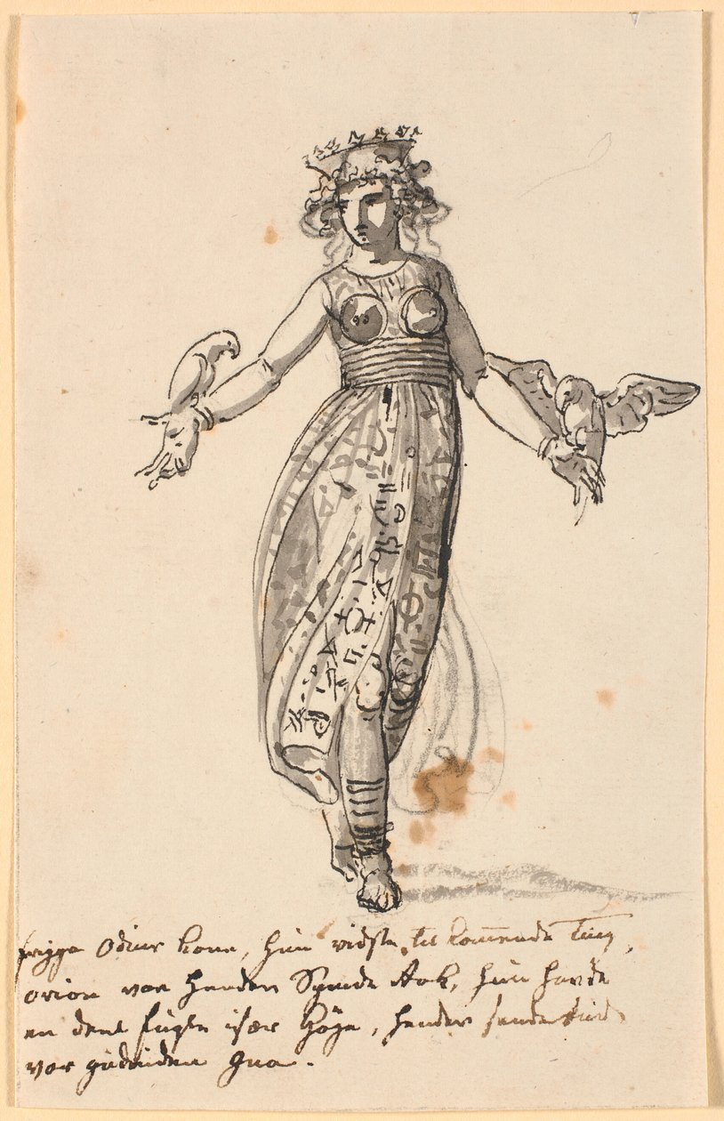 Frigga marchant avec des faucons sur les bras tendus. Et quelques lignes avec les notes de l