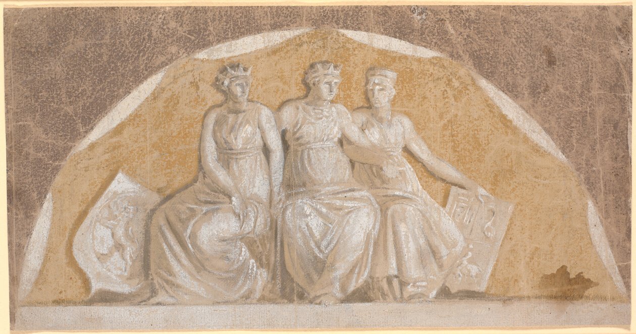 Champ semi-circulaire avec trois figures féminines rondes, les deux extérieures avec des boucliers semblant représenter la Norvège et les pays nord-allemands (Stormarn et Ditmarsken?). La figure centrale symbolise probablement le Danemark - Nicolai Abildgaard