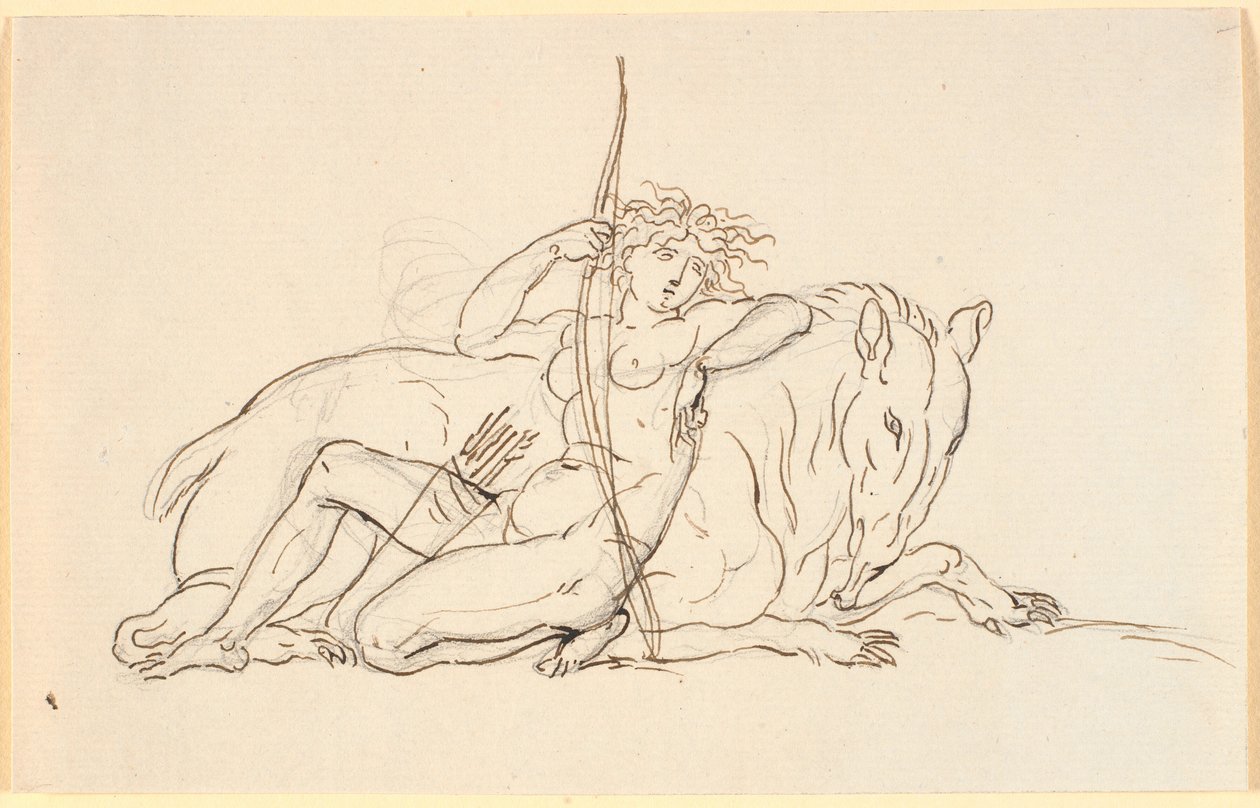 Figure féminine avec des flèches et un carquois, assise appuyée contre un animal fantastique (peut-être un fourmilier). Allégorie de l