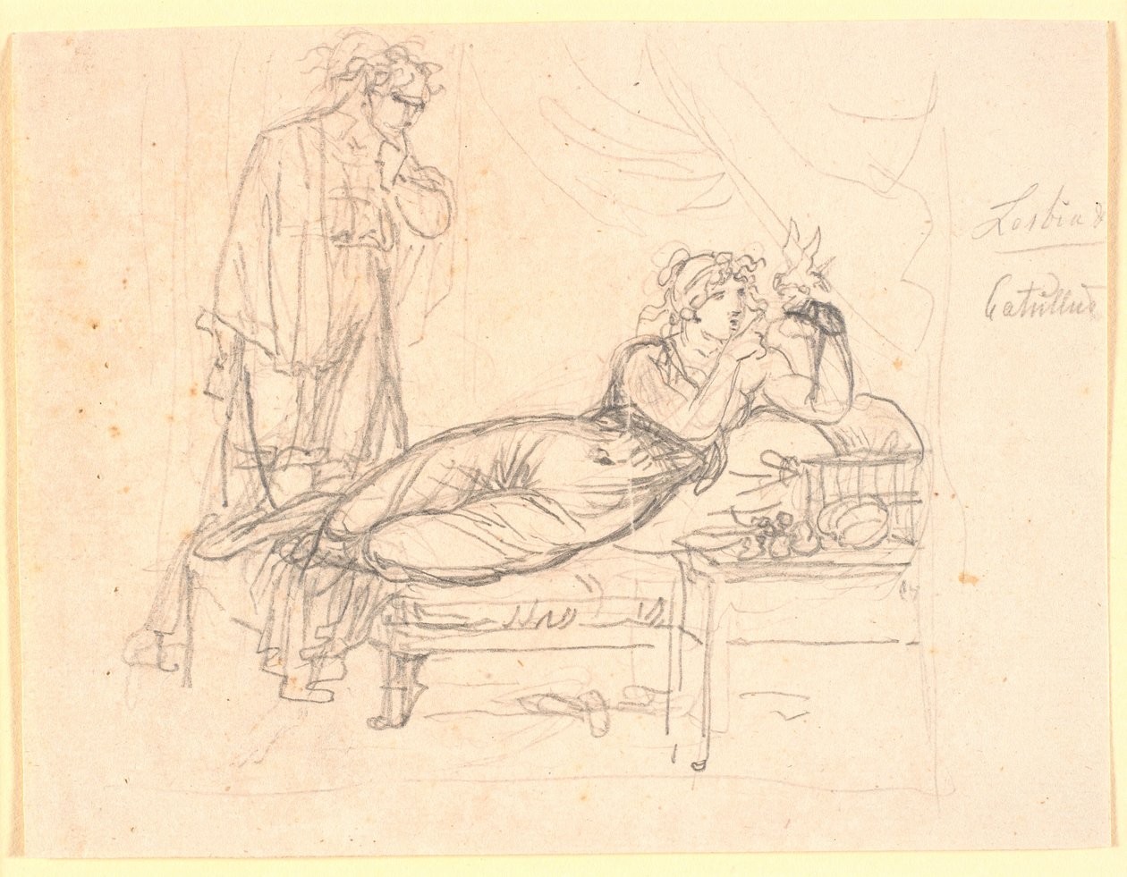 Lesbia et Catullus. Lesbia allongée, tenant un oiseau dans la main gauche. Catullus se tient derrière - Nicolai Abildgaard