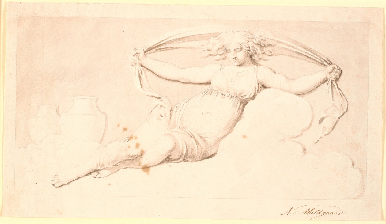 La Nuit, une figure féminine reposante. Réalisée en grisaille. Même composition que Td 542,38 mais sans ailes et avec les cheveux lâchés - Nicolai Abildgaard