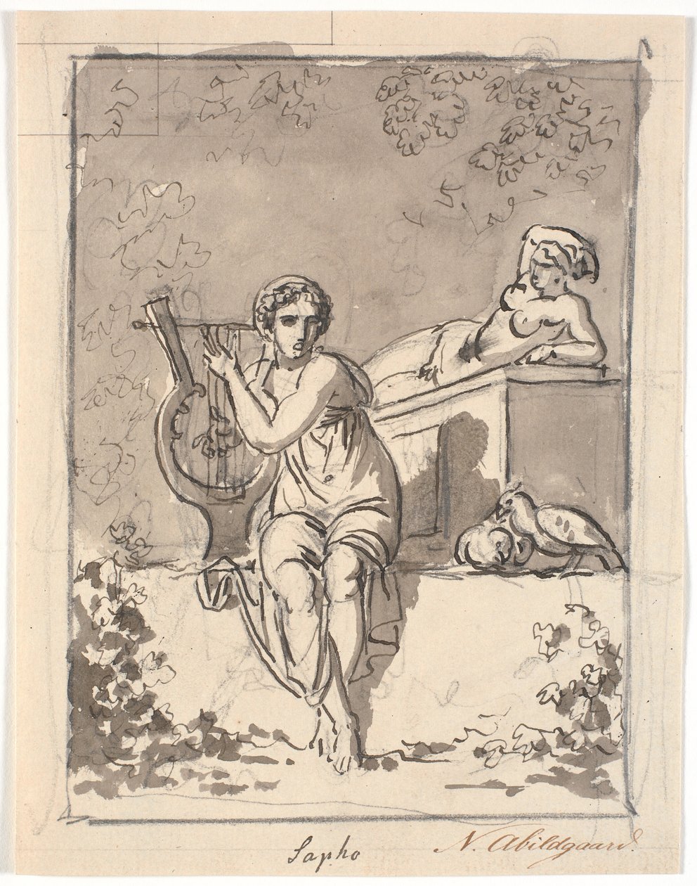 Sappho, assise avec sa lyre, en arrière-plan repose un hermaphrodite - Nicolai Abildgaard