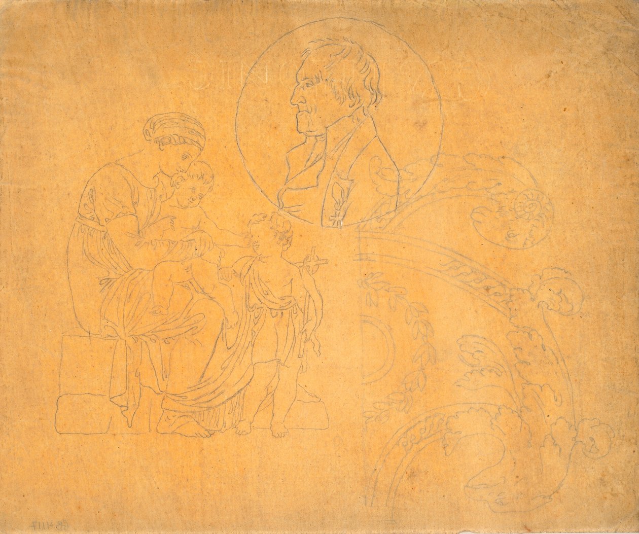 Femme assise avec deux enfants et portrait de profil en composition circulaire - Nicolai Abildgaard