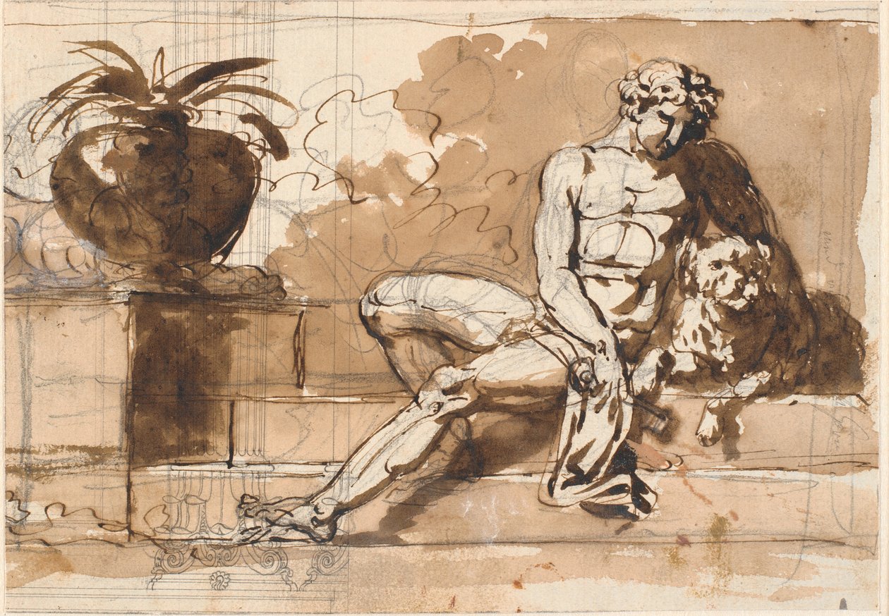 Homme nu assis avec un caniche à gauche, une agave - Nicolai Abildgaard