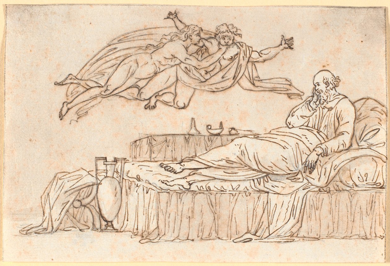 Socrate reposant sur son lit; dans les airs deux "daimons" flottants - Nicolai Abildgaard
