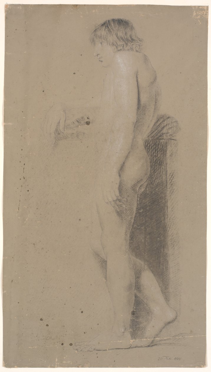 Modèle masculin debout. Profil gauche. Appuyé sur un haut piédestal. Bras droit tendu - Nicolai Abildgaard