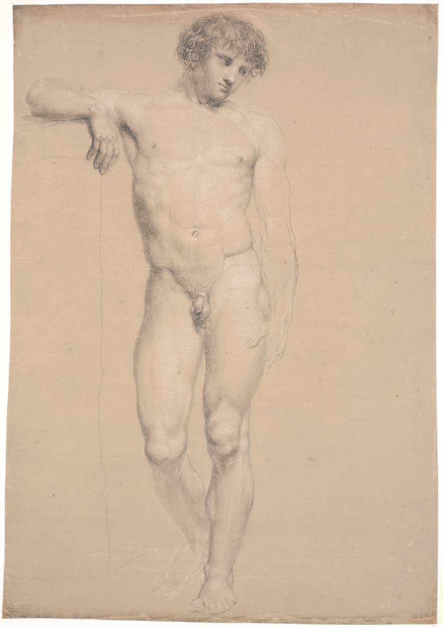 Modèle debout. Vue de face. Bras droit appuyé sur un haut piédestal - Nicolai Abildgaard
