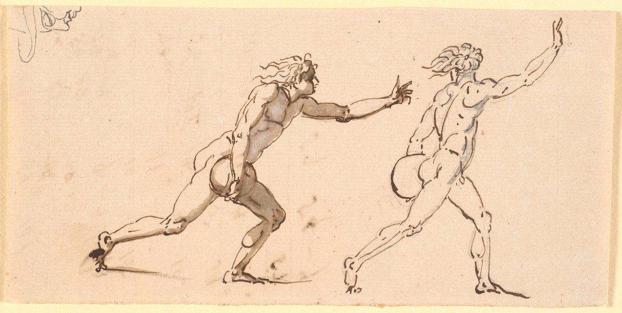 Deux hommes nus courant vers la droite, chacun avec une grosse pierre dans une main, et une esquisse de visage de profil - Nicolai Abildgaard