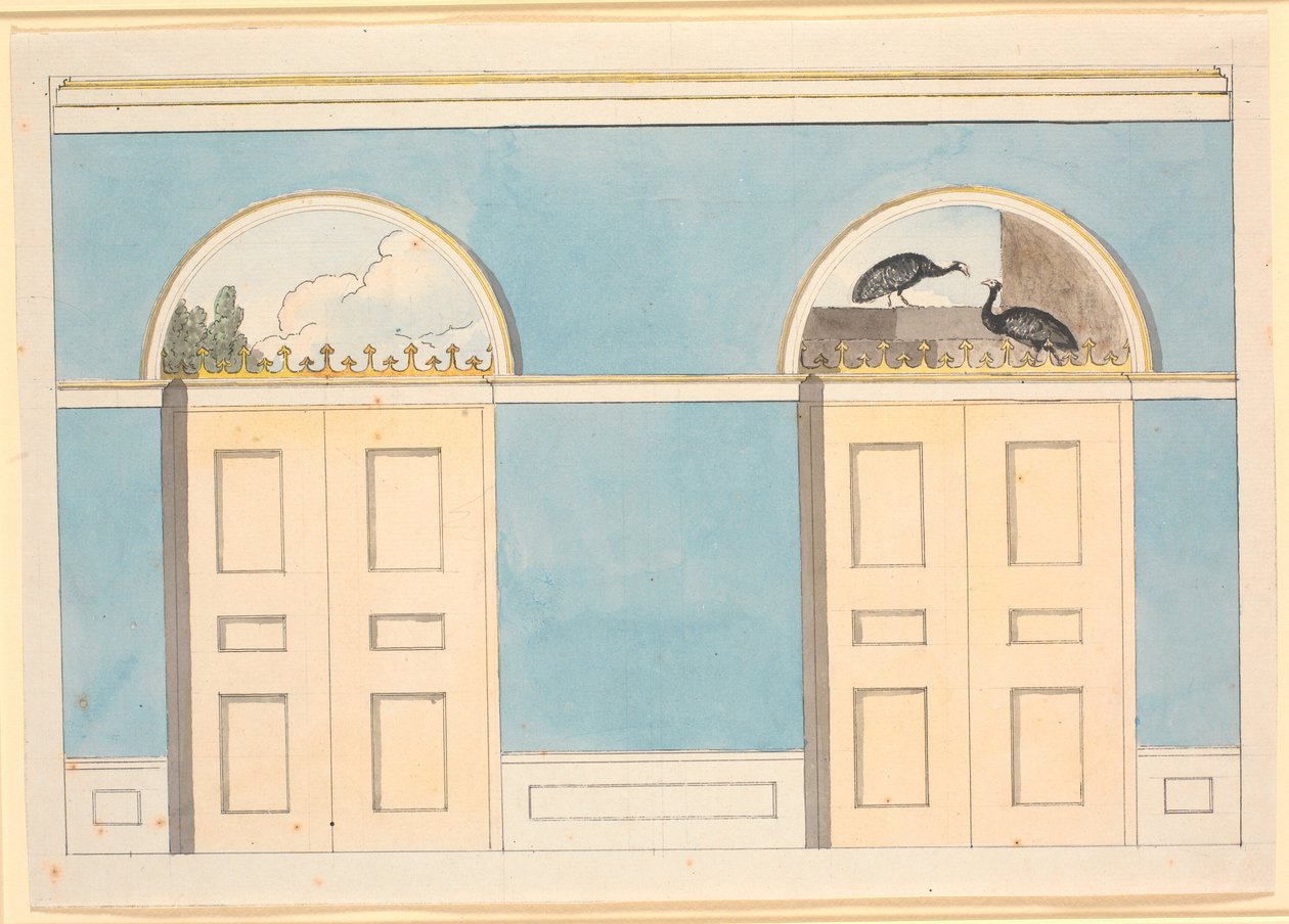 Esquisse pour décoration murale avec panneaux semi-circulaires au-dessus de deux portes, sur murs bleus - Nicolai Abildgaard