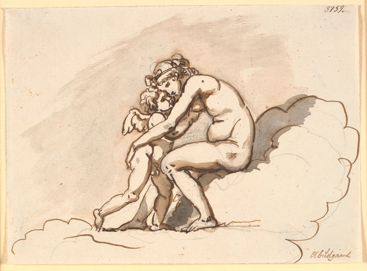 Vénus, assise dans les nuages, embrasse Cupidon - Nicolai Abildgaard