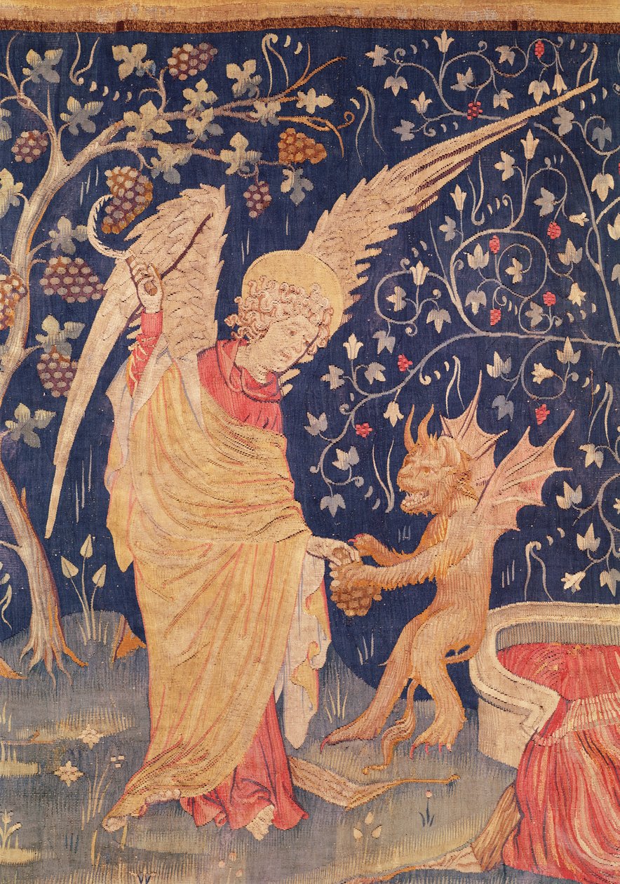 Ange avec une grappe de raisin et un démon, détail de la Tapisserie de l