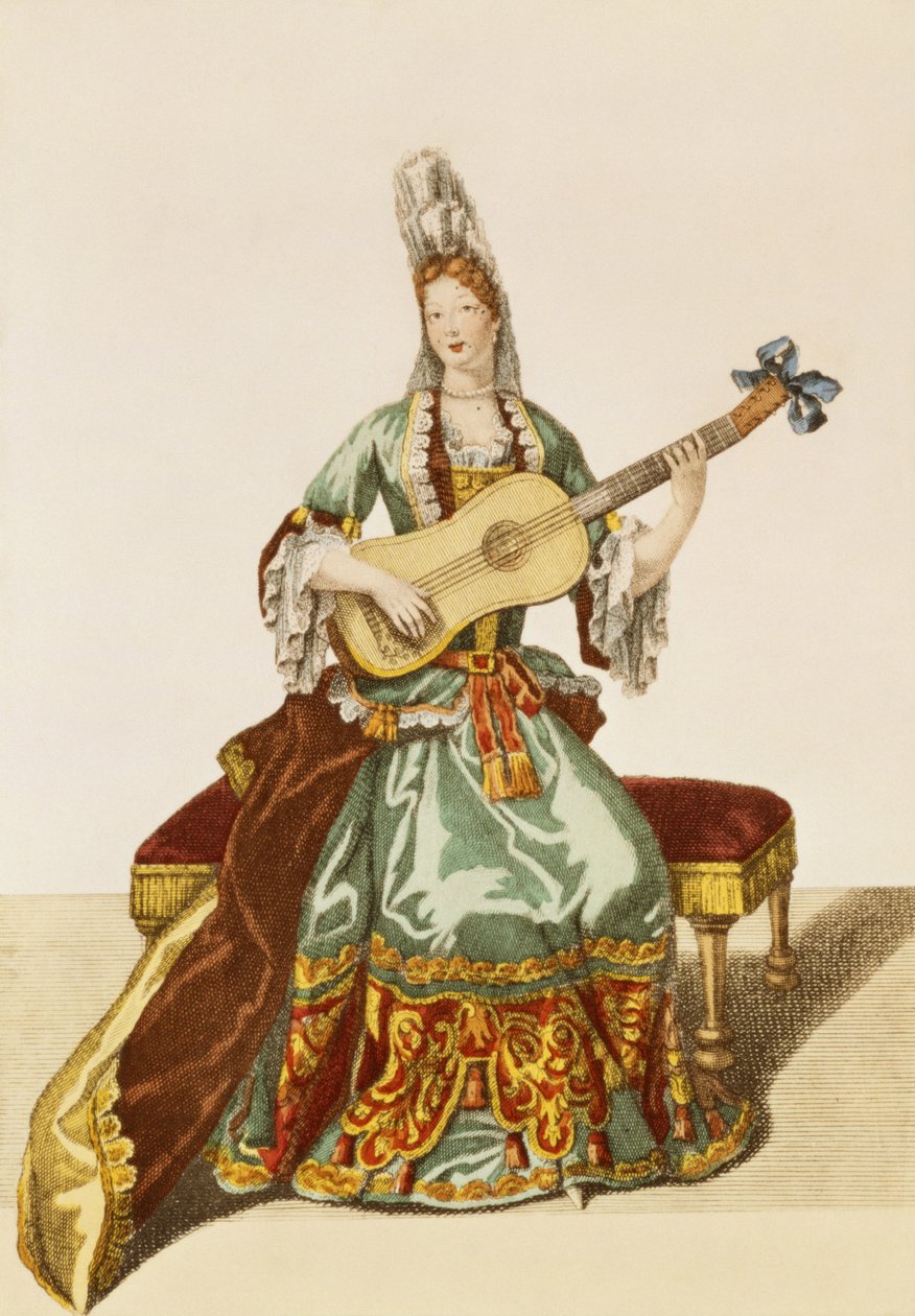 Dame de qualité jouant de la guitare, planche de mode, vers 1695 - Nicolas Bonnart