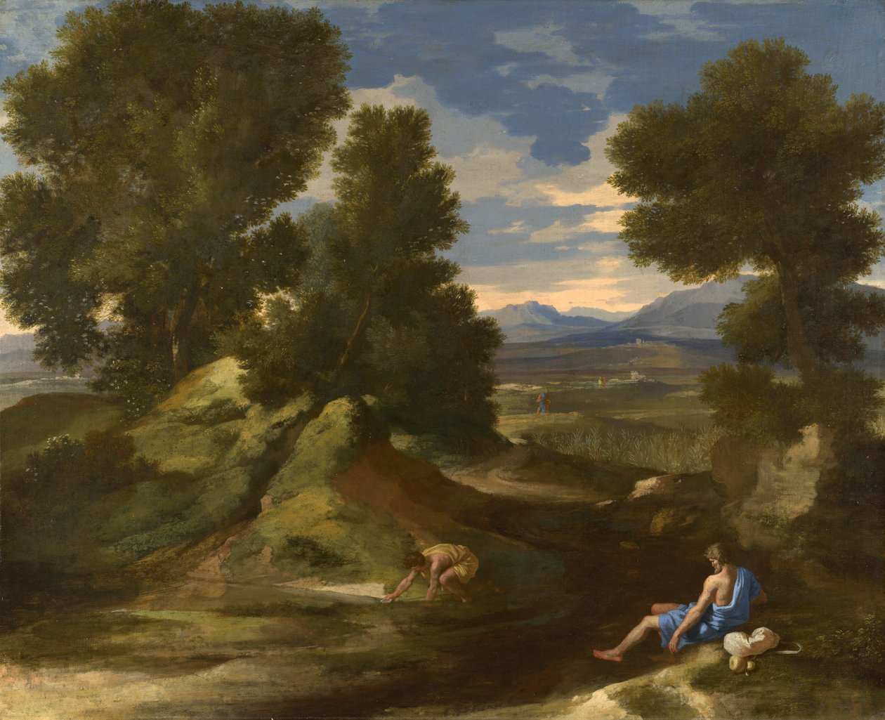 Paysage avec un homme puisant de l