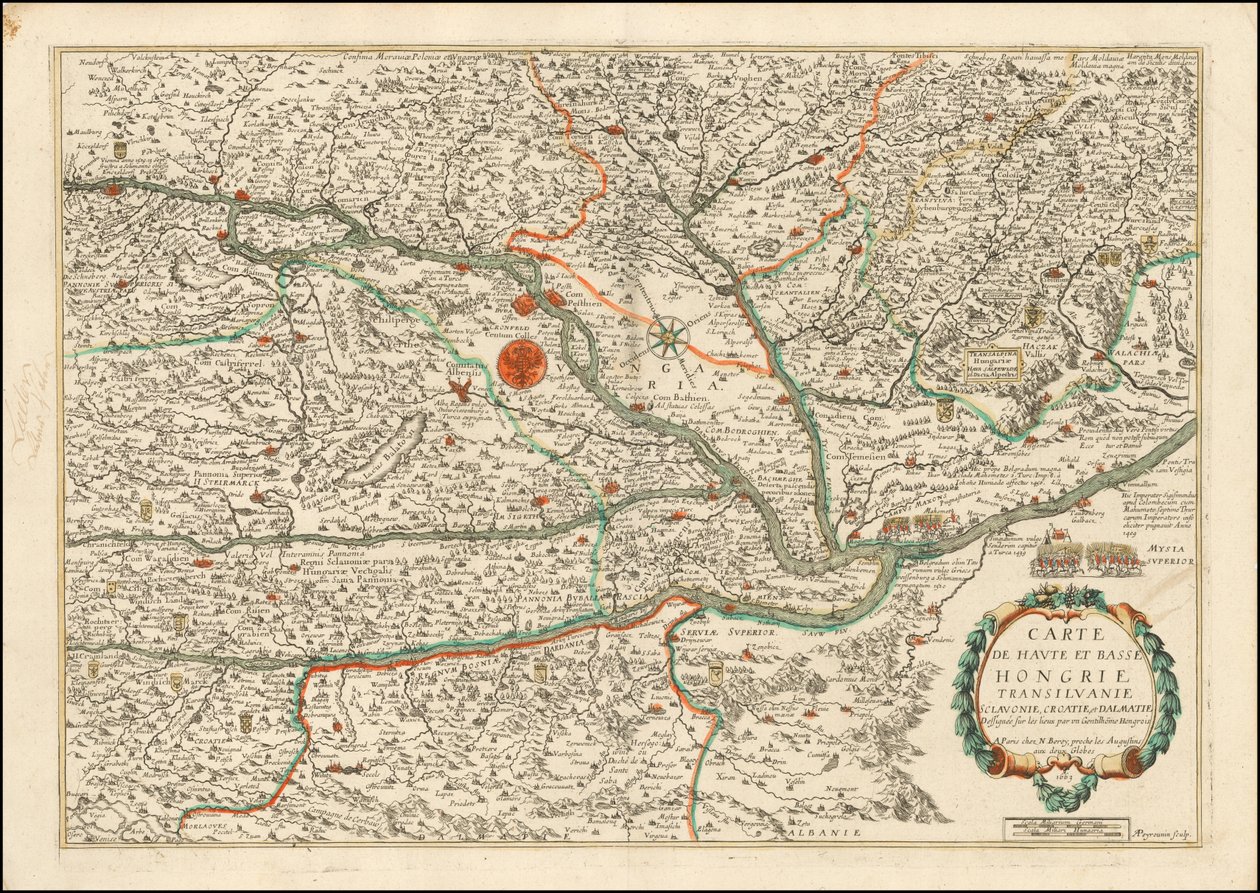 Carte de 1663 de la Haute et Basse Hongrie, de la Transilvanie, de la Slovénie, de la Croatie et de la Dalmatie, publiée par Nicolas Berey - Nicolas Berey