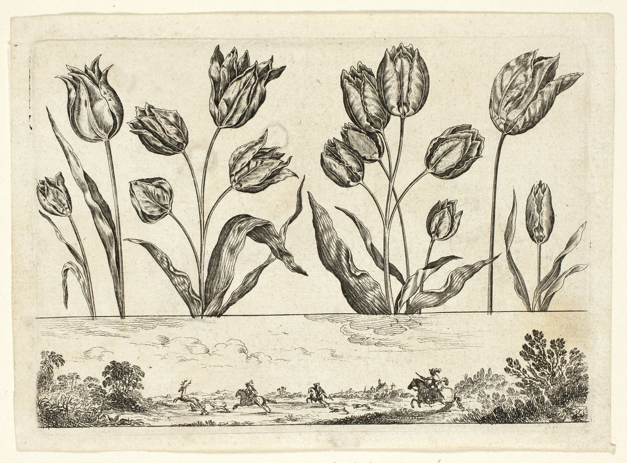 Fleurs et scène de chasse, de Livre Nouveau de Fleurs... - Nicolas Cochin