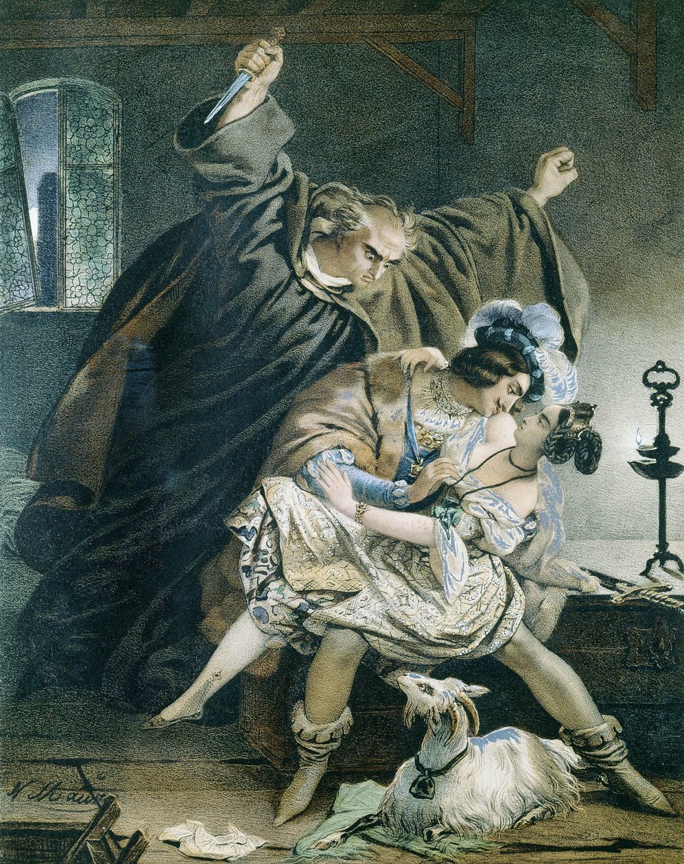 Esmeralda, Phoebus et Claude Frollo (Notre Dame de Paris) par Victor Hugo. Illustration de Nicolas Eustache Maurin (1799-1850). Collection privée. - Nicolas Eustache Maurin