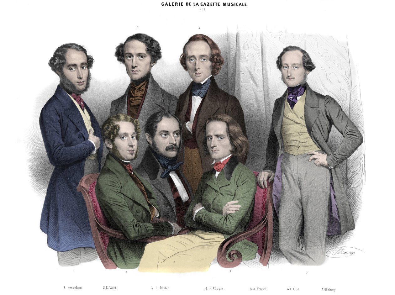 Galerie de la Gazette musicale N. 2. Célèbres de 1842: Frédéric Chopin, Franz Liszt, Jacob Rosenhain, Édouard Wolff, Sigismund Thalberg, Adolf von Henselt, Theodor Döhler. Gravure par Nicolas - Nicolas Eustache Maurin