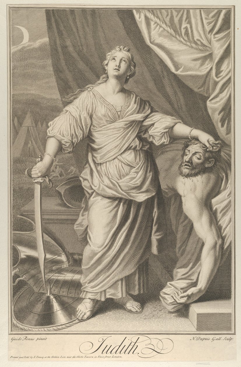 Judith debout et regardant vers le haut, tenant la tête d