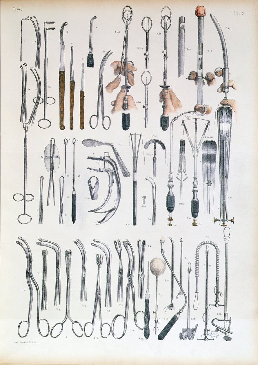 Instruments chirurgicaux pour opérations des amygdales, planche ...