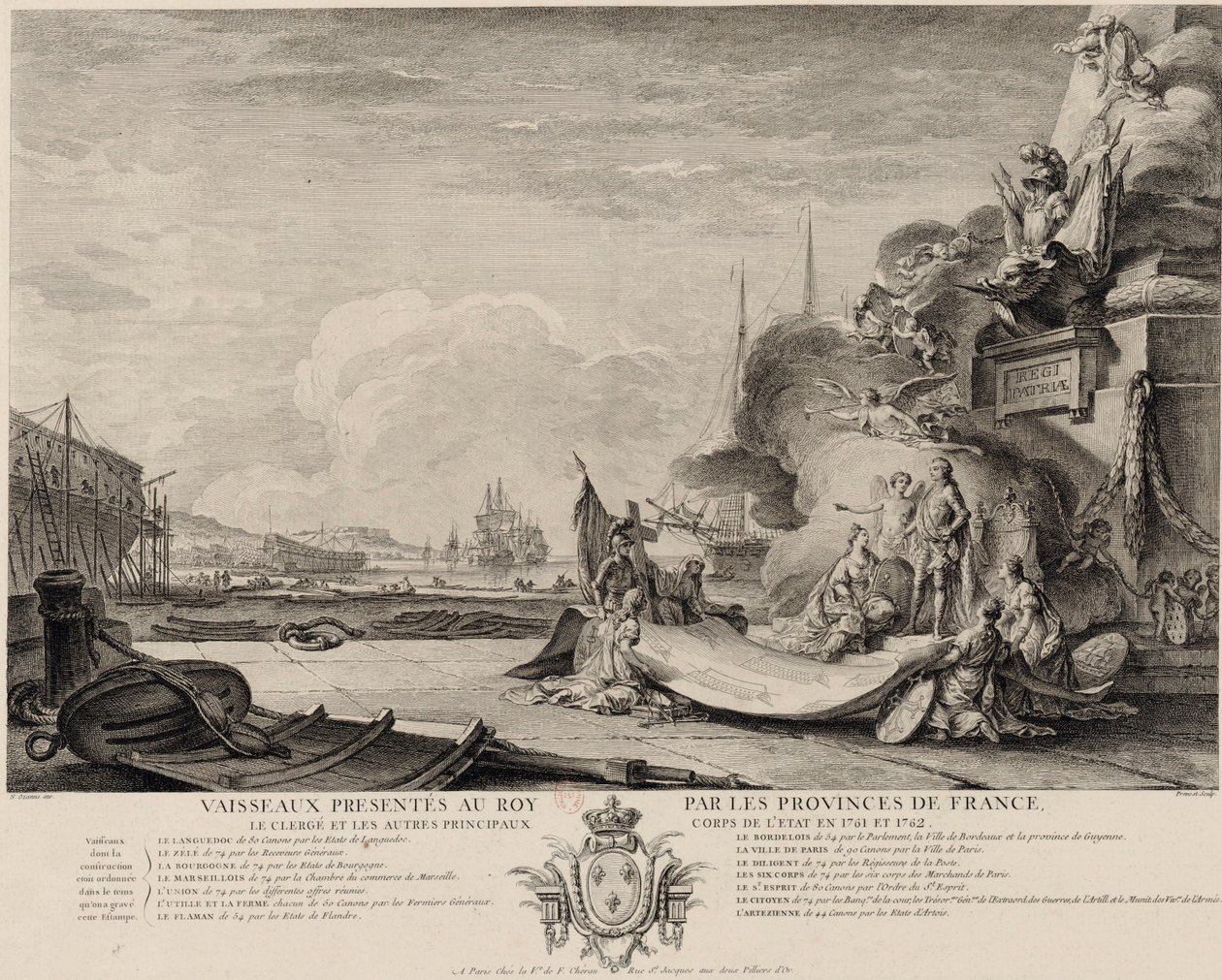 Gravure allégorique sur le don des vaisseaux vers 1762 - Nicolas Ozanne