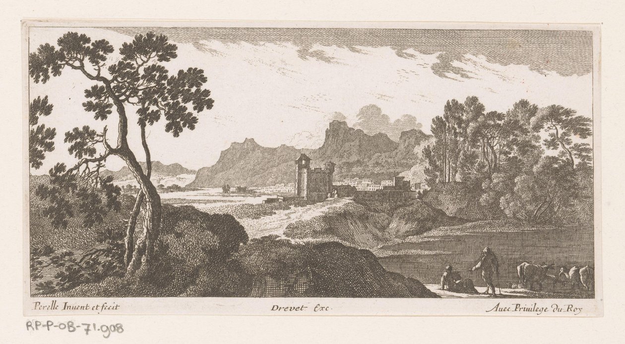 Paysage avec des bergers près de vaches buvant - Nicolas Perelle