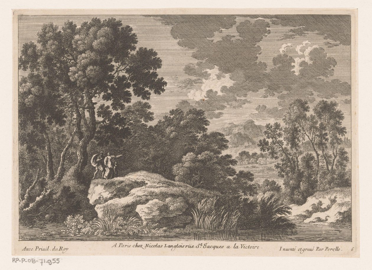 Paysage avec homme, femme et enfant sur un rocher près d