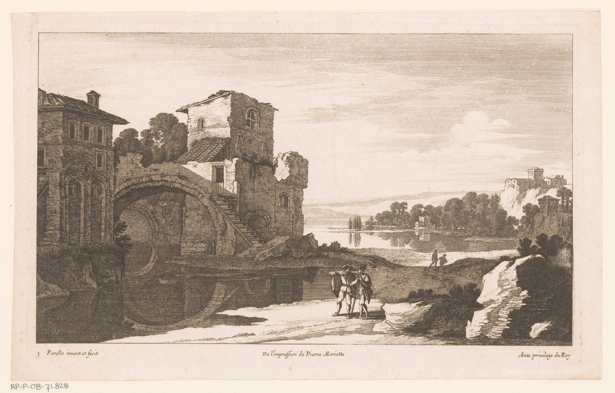 Paysage fluvial avec ruine et pont en arc - Nicolas Perelle
