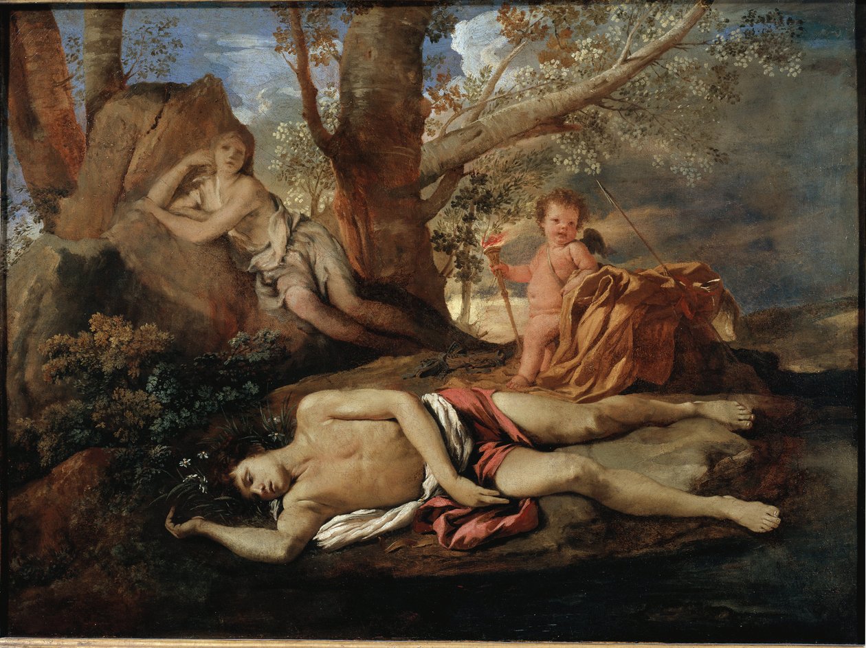 Écho et Narcisse illustration pour la légende qui a inspiré Ovide dans "Les Métamorphoses" Peinture de Nicolas Poussin - Nicolas Poussin