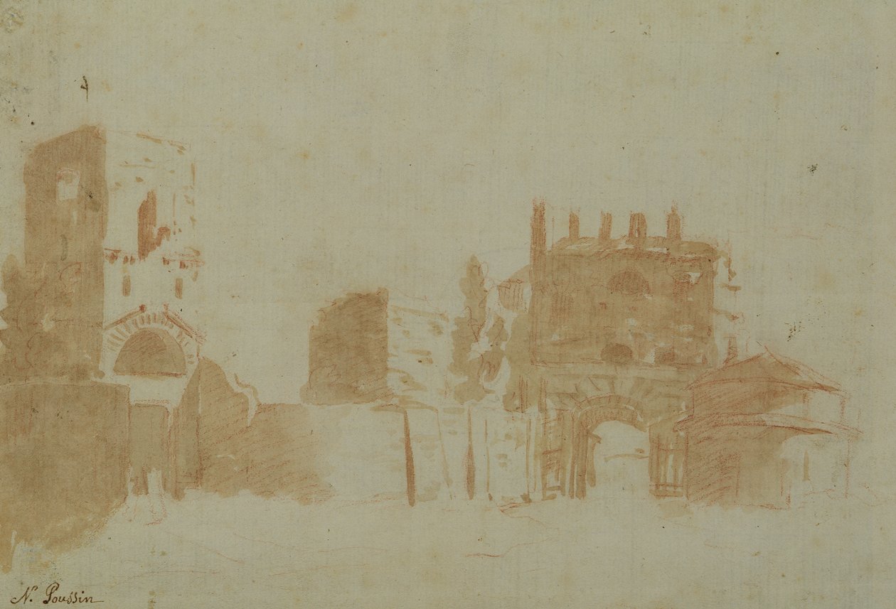 Vue de Rome (lavis sépia sur papier) - Nicolas Poussin