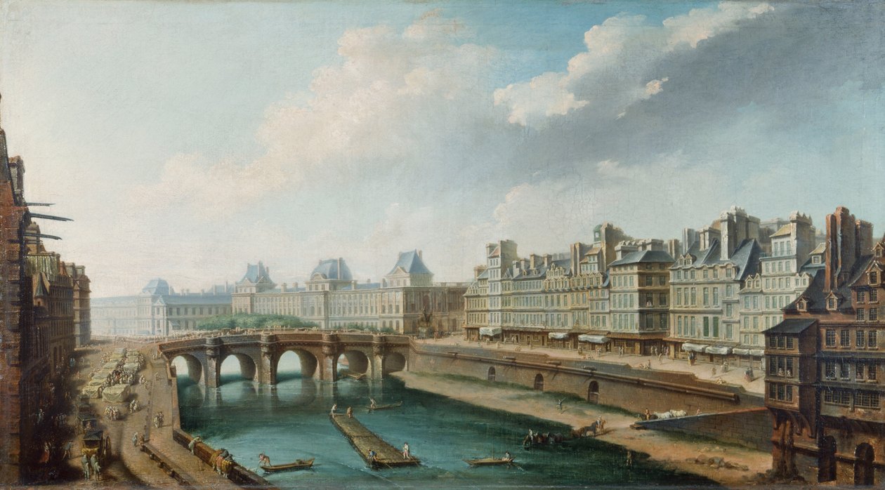 Vue du Palais du Louvre, du Pont Neuf et du Quai des Orfèvres depuis le Quai des Grands Augustins, c.1760 (huile sur toile) - Nicolas Raguenet
