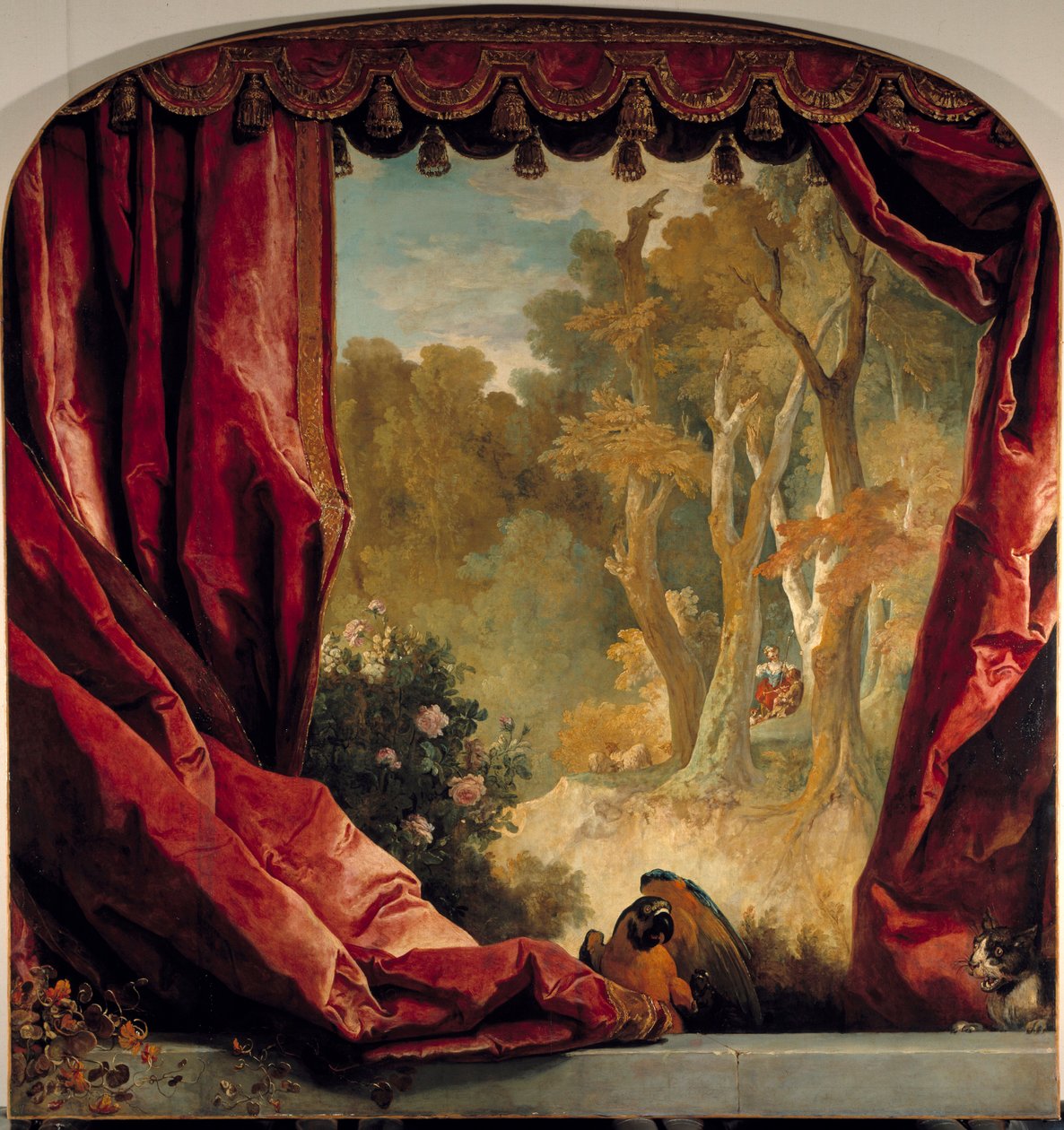 Composition décorative avec rideaux, paysage et animaux - Nicolas de Largillière