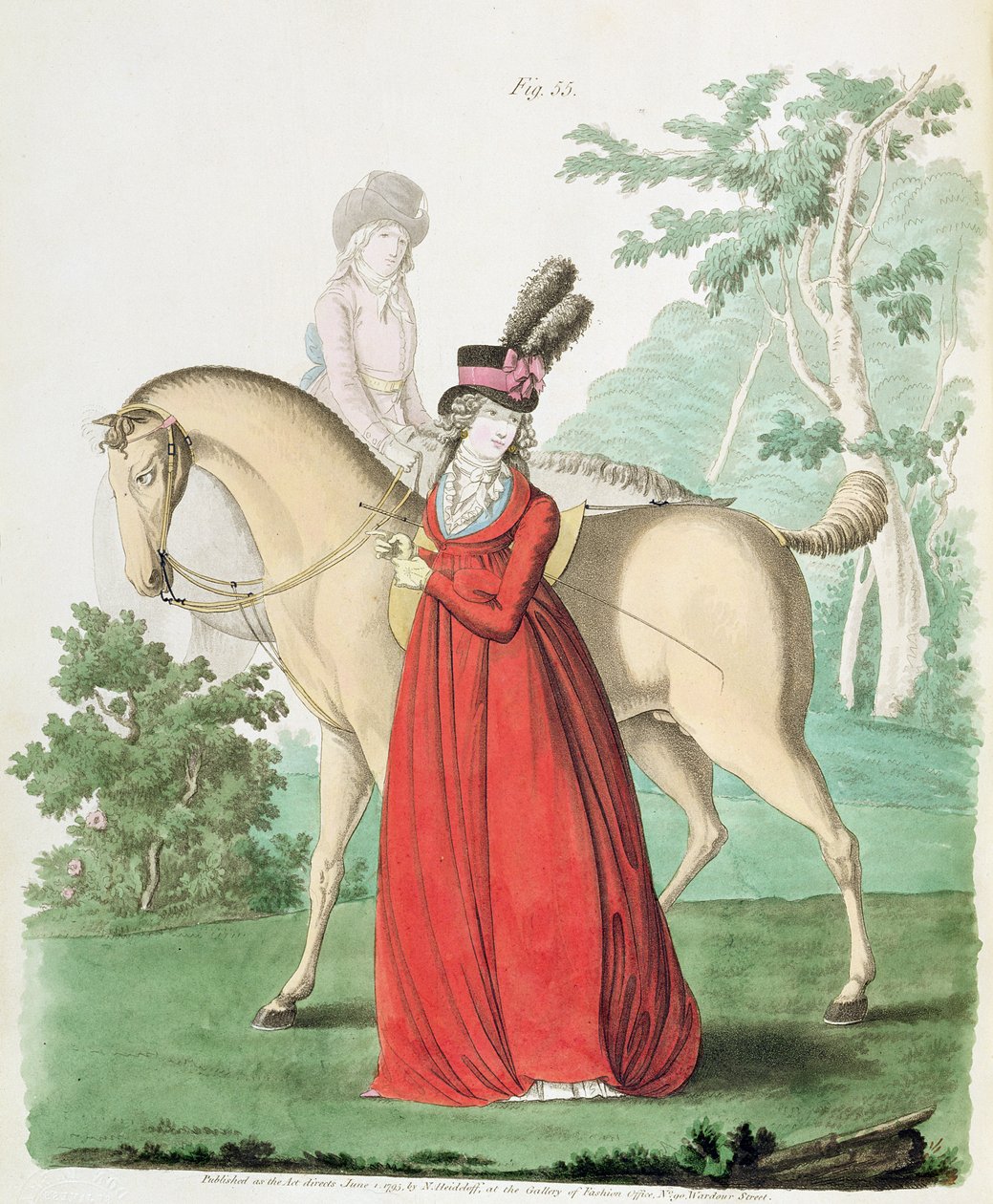 Une dame sortant à cheval en tenue de cavalière de la Galerie de la mode de Nikolaus Heideloff, Vol II, juin 1795 - Nicolaus von Heideloff