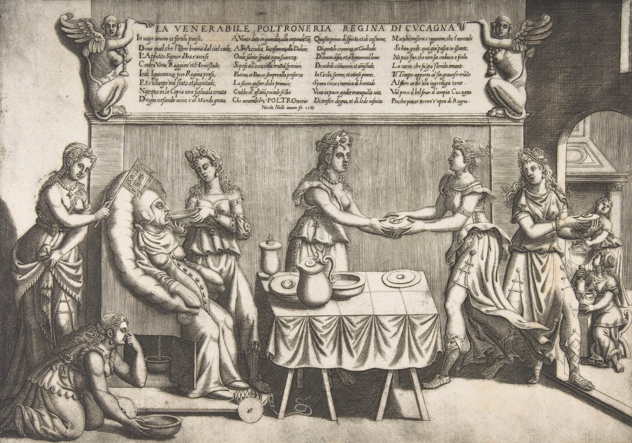 Vénérable Paresse, Reine de Cocagne, une femme grosse assise sur une chaise de toilette mobile - Nicolo Nelli