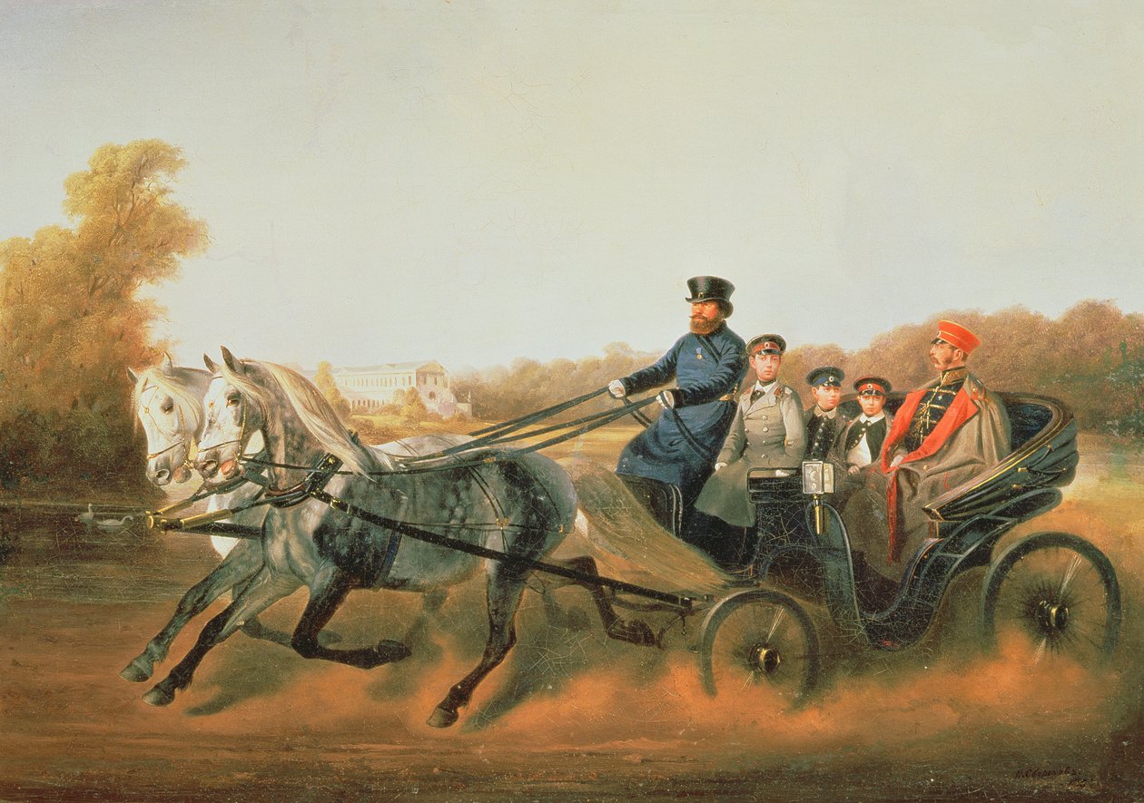 Tsar Alexandre II (1818-81) conduisant avec ses fils à Zarskoje Selo, années 1850 - Nikolai Egorevich Sverchkov