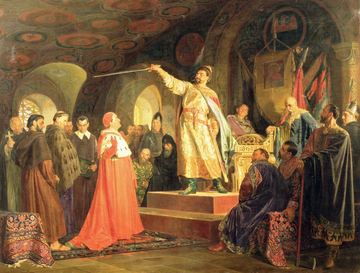 Le prince Roman de Halych-Volhynia recevant les ambassadeurs du pape Innocent III, 1875 - Nikolai Vasilievich Nevrev