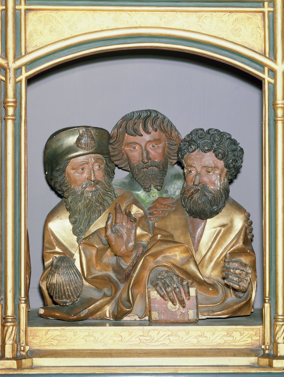 Sculptures en bois de Saint Jacques le Majeur, Saint Simon et Saint Thaddée, du prédelle du Retable d