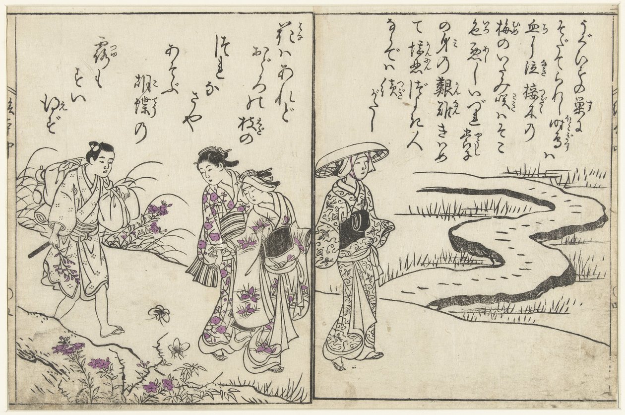 Promeneurs dans un paysage avec des fleurs - Nishikawa Sukenobu (attributed to)