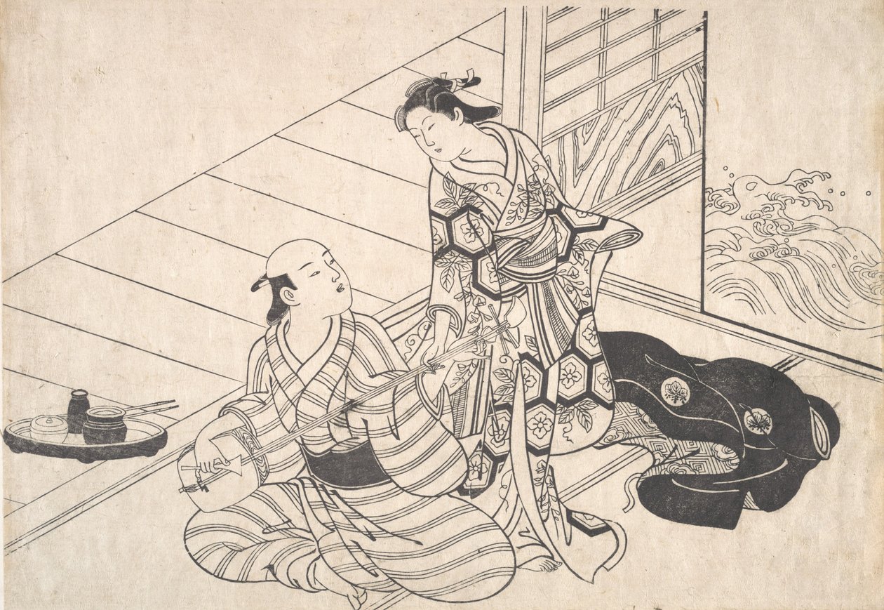 Dame interrompant son amant, qui joue du shamisen - Nishikawa Sukenobu