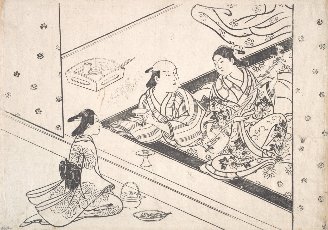 Dame jouant du shamisen, avec son amant et une servante à proximité - Nishikawa Sukenobu